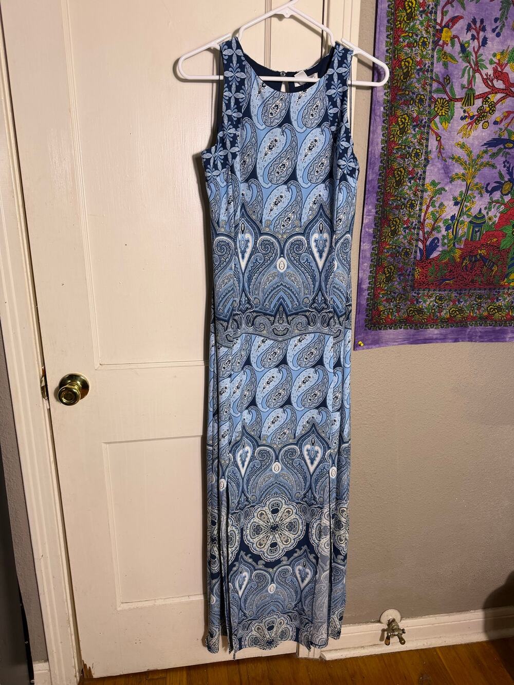 London Times Blue Paisley Maxi Dress Size 12 Sleeveless Round Neck Boho Long
